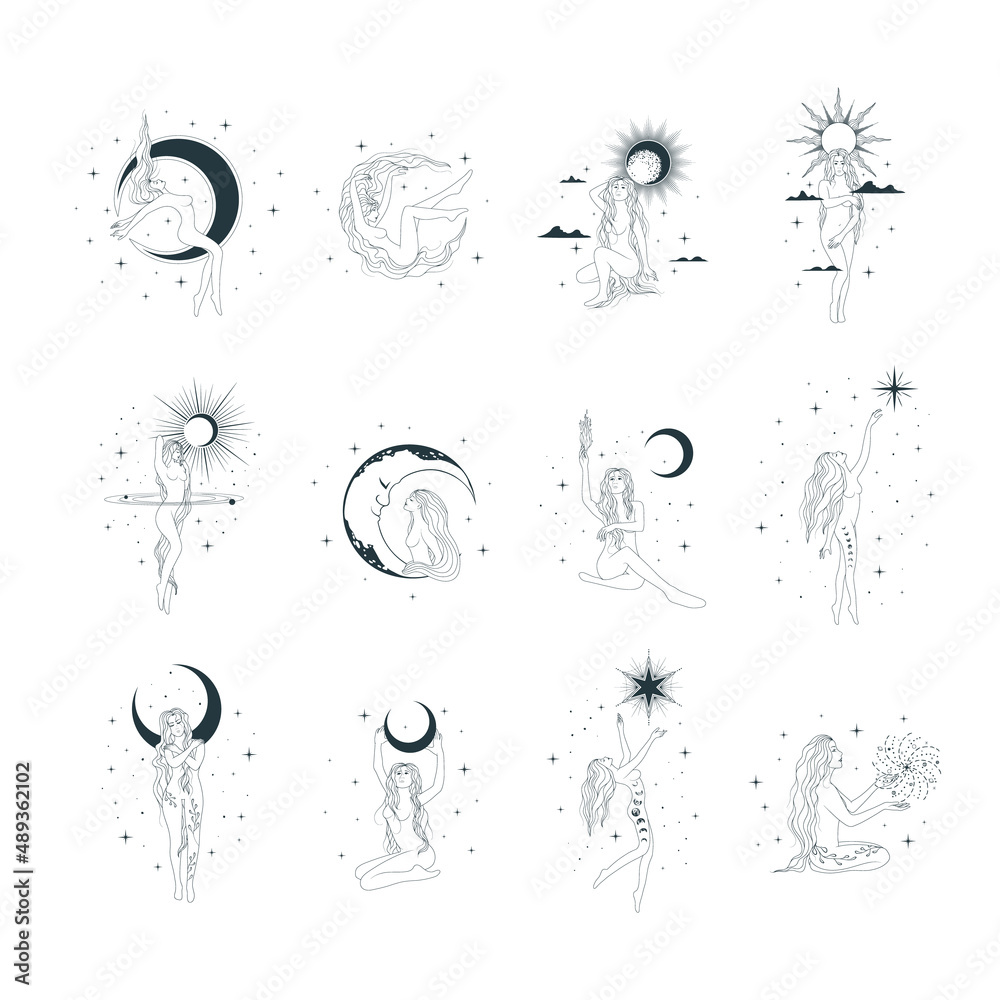 Celestial goddesses against the backdrop of the starry sky, the sun ...