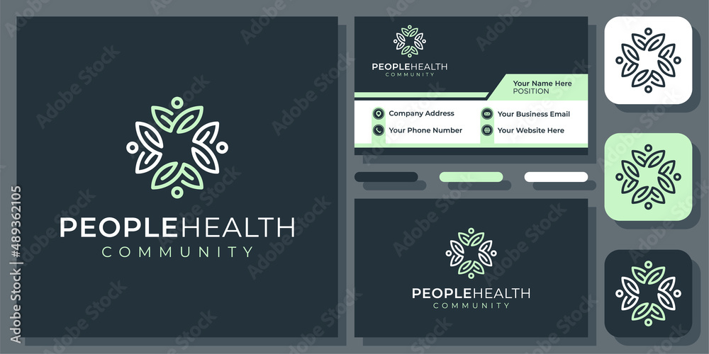 People Leaf Health Community Family Healthcare Nature Ornate Vector Logo Design with Business Card