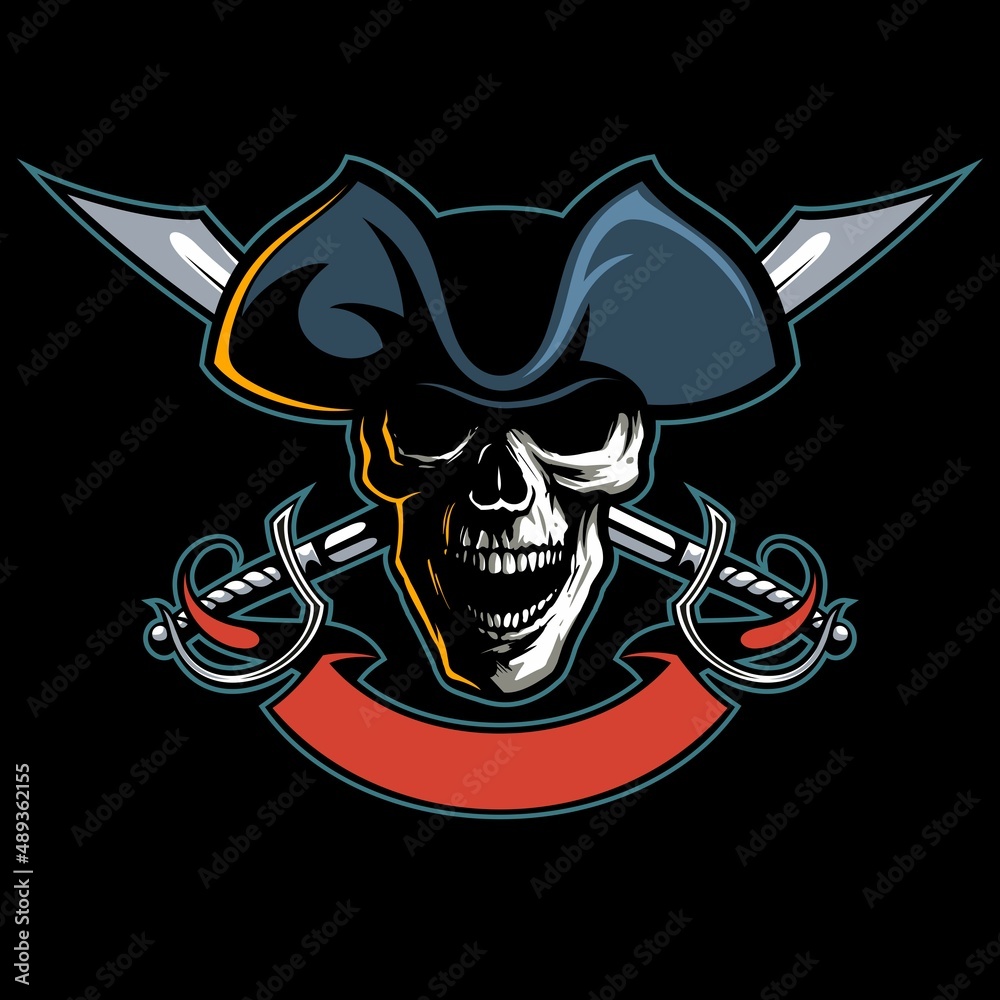 Vector human skull with the pirate hat, two crossed swords and red ...