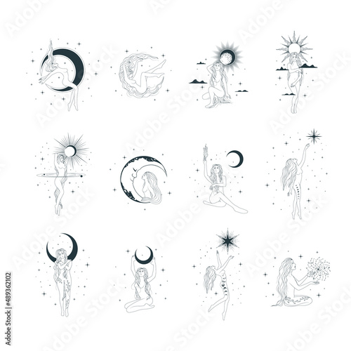 Celestial goddesses against the backdrop of the starry sky, the sun, clouds and the moon. Set of 12 women line art vector illustrations in boho style for card, tattoo and posters.