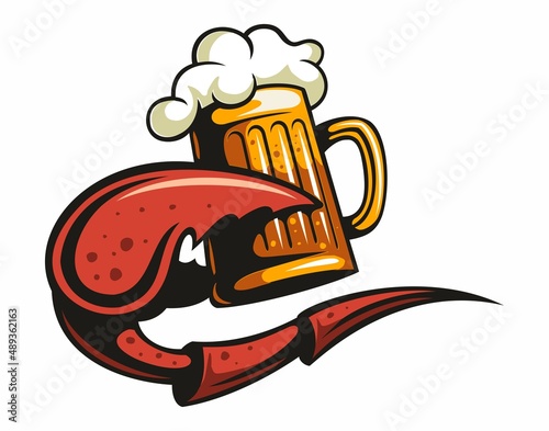 Cartoon style vector crab claw with the beer mug, isolated on white background.