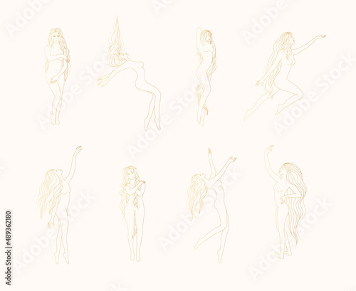 Graceful long-haired naked female in different poses . Golden collection of women line art style vector illustration. Boho linear drawing for femininity poster, card or fashion print.