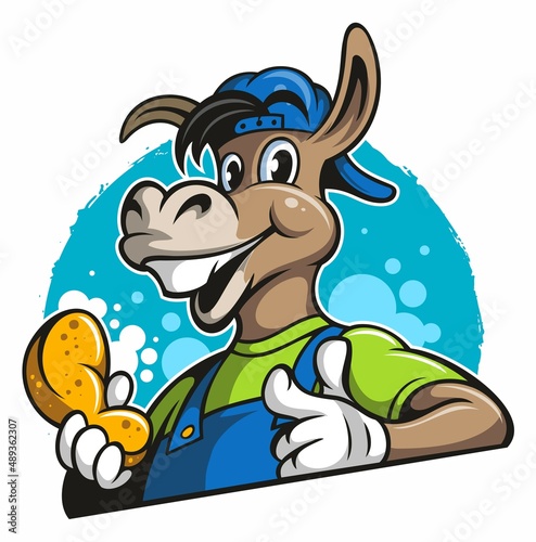 Cartoon style smiley donkey character, car washing logo design concept.