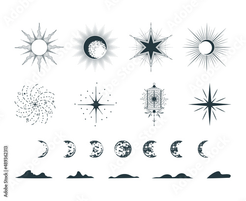 Esoteric symbols celestial isolated set. Hand drawn vector illustration of mystical sun, moon, stars and planets in  line art cosmic collection for posters, tattoo and greeting cards.