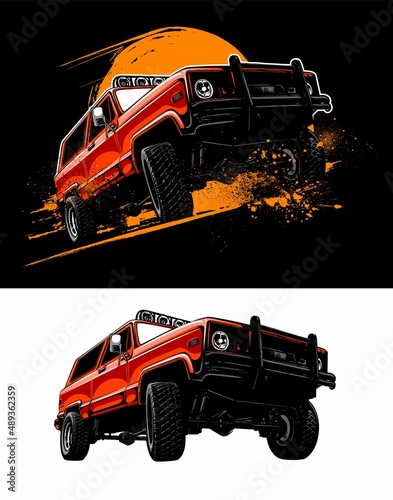 Vintage, realistic off road vehicle, red color car, eighties style vector car image on black and white background.