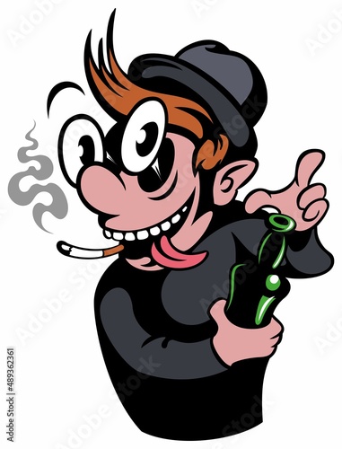 Happy smiling drunk man cartoon character, holding the beer bottle. Isolated on white background.