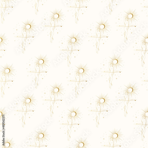 Graceful goddess against the celestial backdrop of the solar eclipse  stars and planets. Vector golden seamless pattern of esoteric symbols in line style for wrapping paper  cards  wallpapers.