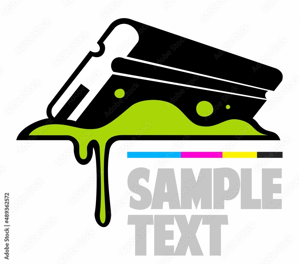 Silk screen printing vector logo template, squeegee, rubber blade with paints. - obrazy, fototapety, plakaty 