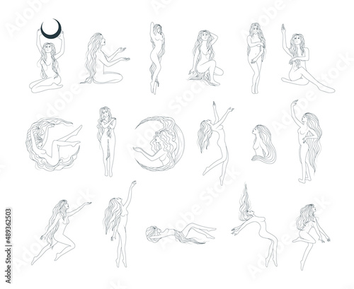 Celestial goddesses isolated on white background. Set of 17 women line art vector illustrations in boho style for card, tattoo and femininity posters.