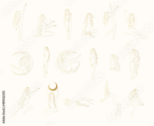 Celestial goddesses isolated on white background. Golden set of 17 women line art vector illustrations in boho style for card and femininity posters.