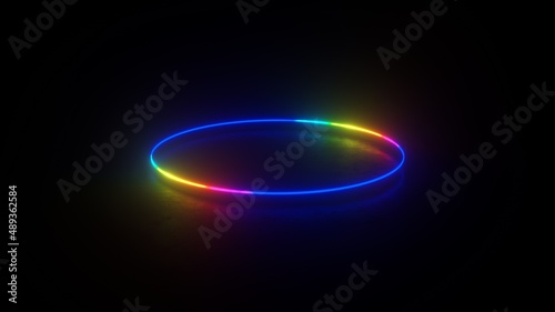 Abstract neon background with multicolored glowing ring on dark background. Empty glowing techno backdrop. Luminous swirling. Floor reflection. Frame, circle, ring shape, empty space. 3D illustration
