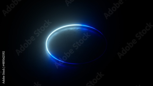 Abstract neon background with glowing white blue ring on dark background. Empty glowing techno backdrop. Luminous swirling. Floor reflection. Frame, circle, ring shape, empty space. 3D illustration