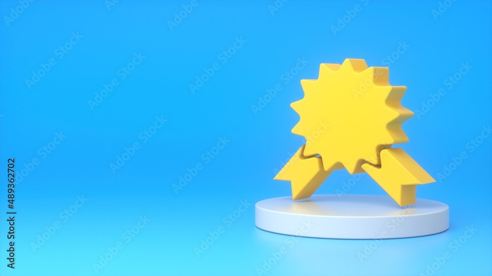 Yellow badge sign on a white podium on a blue background. The concept of business, success, victory, opportunity, competition. 3d rendering Yellow badge sign on a white podium on a blue background. The concept of business, success, victory, opportunity, competition. 3d rendering