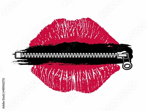 Pink lipstick kiss, female lips with zipper, isolated on white background.