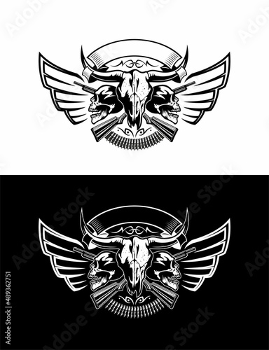 Vintage style logo template with the bull skull, two crossed guns, cartridge belt, two human skulls and wings. Isolated on white and black background.