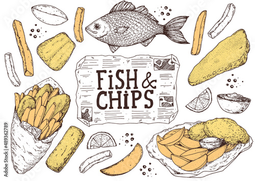 Fish and chips sketch vector illustration. British pub food. Hand drawn sketch. Cooking fish and chips. Engraved hand drawn vintage image. Menu design template.