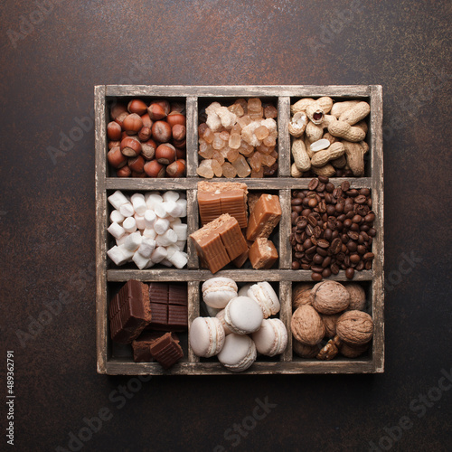 Assortment of sweets, candies and hazelnuts