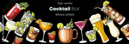 Alcoholic cocktails hand drawn vector illustration. Cocktails set. Bar menu design elements. Hand drawn collection.