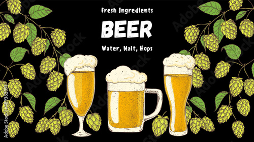Beer glasses and hops. Brewery design template. Beer hop illustration. Hand drawn design. Beer ingredients vector illustration.