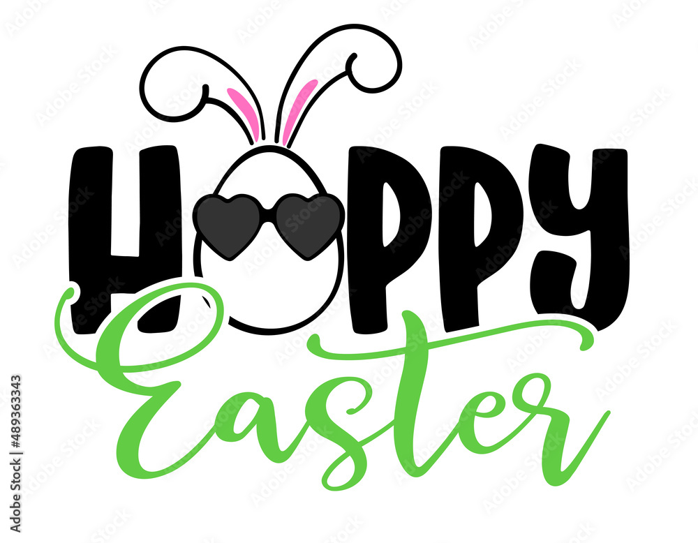 Naklejka premium Hoppy Easter - hand drawn modern calligraphy design vector illustration. Perfect for advertising, poster, announcement or greeting card. Beautiful Letters. Bunny ears and easter egg