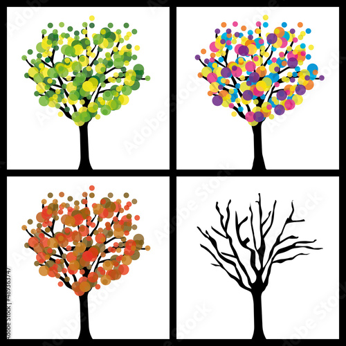 Four seasons trees poster. Vector illustration.