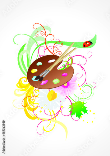 abstract floral background with paints, brushes and curves