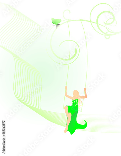 vector girl in gown sitting on swings green illustration
