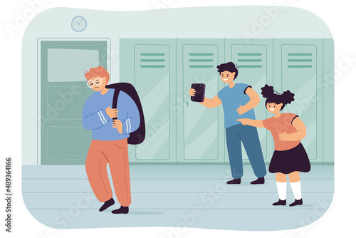 Children laughing at sad lonely boy at school. Boy and girl bullying nerd in corridor flat vector illustration. Conflict, violence, bullying concept for banner, website design or landing web page