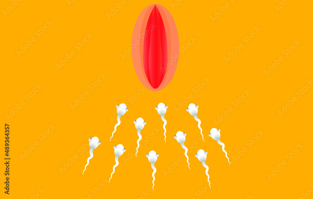 a crowd of sperm moving into the vagina on a yellow background 
