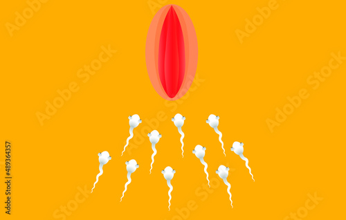 a crowd of sperm moving into the vagina on a yellow background 