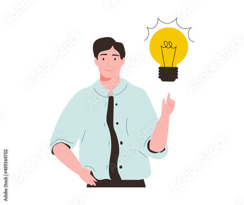 Vector business illustration of man with lightbulb and finger pointing up in aha moment isolated on white background.