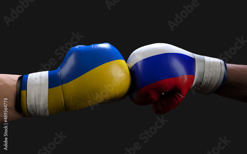 Concept of Russia-Ukraine War between Russia and Ukraine. 3d illustration two boxer fighting Russia and Ukraine flag fight punches. photo