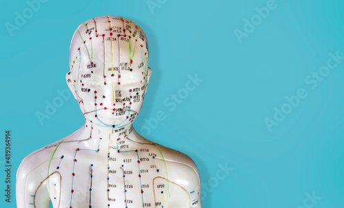 Fototapeta Naklejka Na Ścianę i Meble -  Closeup of mannequin with meridians and acupuncture points on blue background.