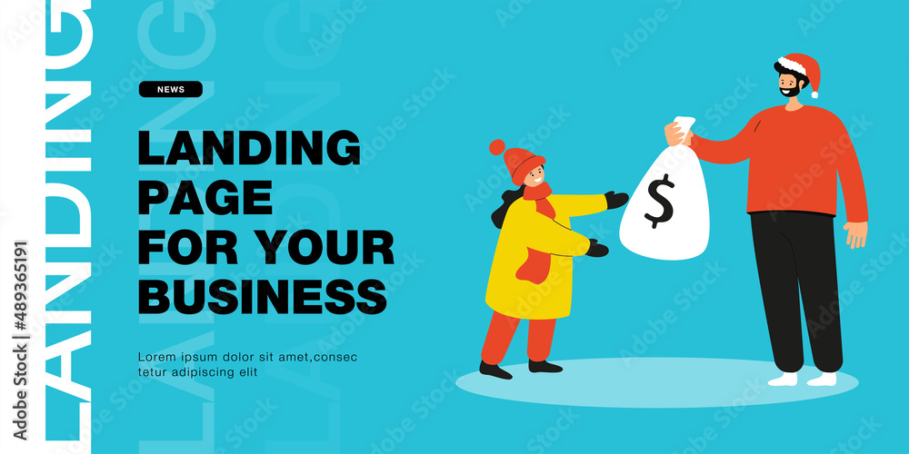 Cash gift from Santa flat vector illustration. Man in hat of Santa Claus handing bag of money to girl, standing outdoors. New Year, Christmas, present, money, family concept for banner design
