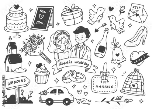Set of wedding doodle line art vector illustration