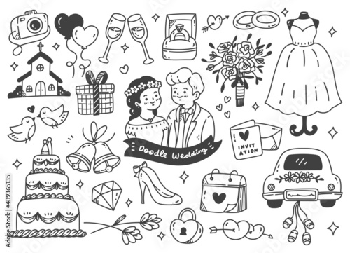 Set of wedding doodle line art vector illustration