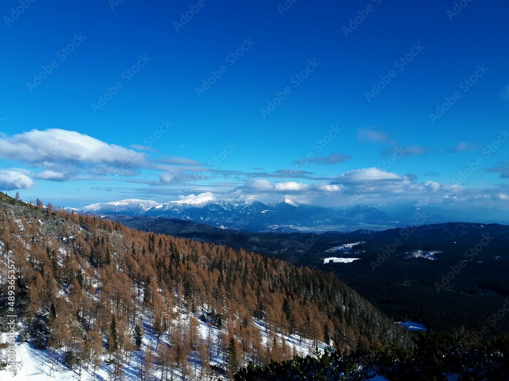Scenic view of snow covered Gorenjska region of Slovenia in winter with the Karavanke mountains in the back and forested Pokljuka plateau in front