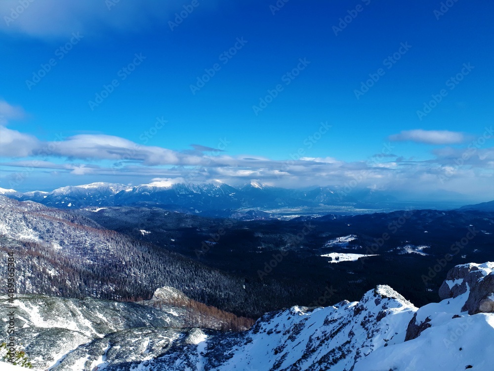 Obraz premium Scenic view of snow covered Gorenjska region of Slovenia in winter with the Karavanke mountains in the back and forested Pokljuka plateau in front