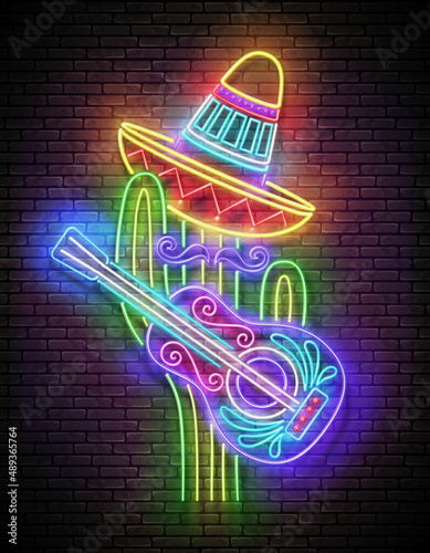 Glow Mexican cactus in sombrero with guitar. Cute singer, mariachi. Shiny Neon Poster, Flyer, Banner, Postcard, Invitation. Brick Wall. Vector 3d Illustration.