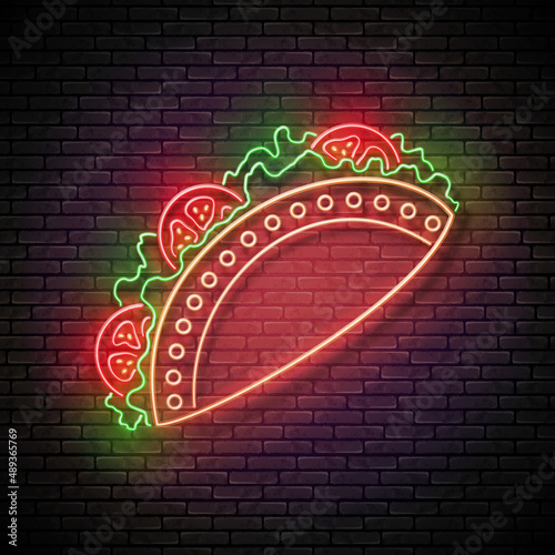 Glow Mexican tacos with tomatos. Traditional ethnic food, appetizer. Neon Light Poster, Flyer, Banner, Signboard. Brick Wall. Vector 3d Illustration