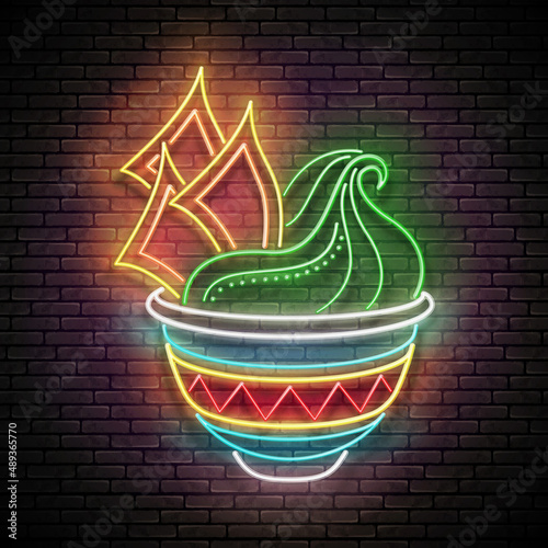 Glow Mexican guacamole in bowl with nachos or tortillas. Traditional ethnic sauce with avocado, appetizer. Neon Light Poster, Flyer, Banner, Signboard. Brick Wall. Vector 3d Illustration