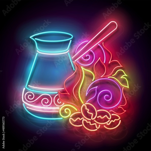 Glow Decorated Cezve with Roasted on Fire Coffee Beans. Cafe Label, Traditional Drink. Neon Poster, Flyer, Banner, Invitation. Glossy Background. Vector 3d Illustration