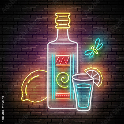 Glow bottle of Mexican tequila, shot, lemon. Traditional ethnic alcoholic drink. Neon Light Poster, Flyer, Banner, Signboard. Brick Wall. Vector 3d Illustration