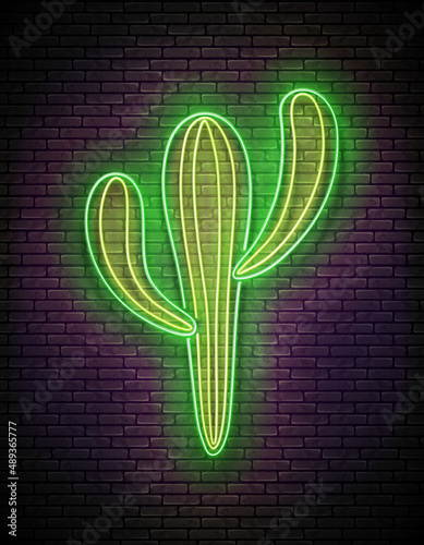 Glow Mexican cactus. Desert plant. Shiny Neon Poster, Flyer, Banner, Postcard, Invitation. Brick Wall. Vector 3d Illustration