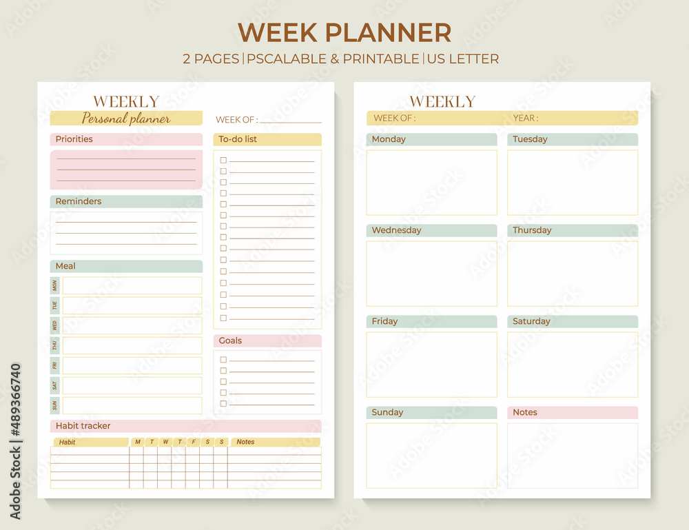 Minimal printable weekly planner page templates. Weekly to-do list, tasks, goals and reminders for a week. Menu plan and habit tracker. Vector graphic set for everyday routine. - obrazy, fototapety, plakaty 