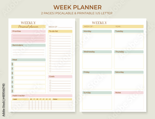 Minimal printable weekly planner page templates. Weekly to-do list, tasks, goals and reminders for a week. Menu plan and habit tracker. Vector graphic set for everyday routine. photo