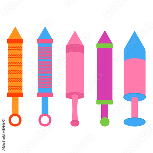 Set of colorful 5 Indian Holi festival Pichkari, Holi festival water gun, Indian festival of colors Pichkari, Vector Holi Pichkari, Colorful water guns for holi festival
