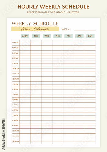 Minimal printable weekly schedule planner page templates. Hourly weekly schedule. Weekly to-do list, agenda, daily schedule. Vector graphic set for everyday routine. photo