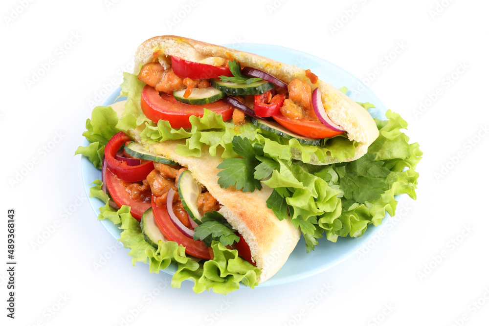 Plate with pitas with chicken meat isolated on white background Plate with pitas with chicken meat isolated on white background