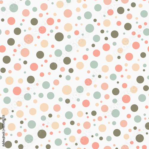 Fototapeta Naklejka Na Ścianę i Meble -  Funny abstract multicolored seamless pattern, polka dot. Circles on a light background in a pastel palette. Vector illustration for print
